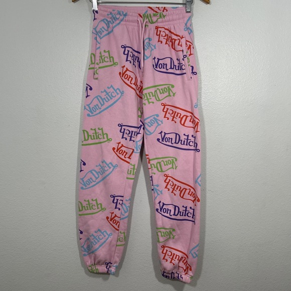 Von Dutch Pants - Von Dutch Jogger Sweatpants Womens XS AOP Logo Streetwear‎ Y2K Retro Loungewear